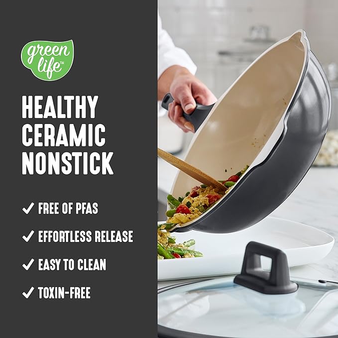 GreenLife Nonstick 12” (5QT) All in One Deep Skillet Wok with Lid, PFAS-Free Non-Toxic Ceramic Multi-Purpose Pan, Induction, All Stovetop, Egg, Stir Fry, Saute, Stay Cool Handle, Graphite
