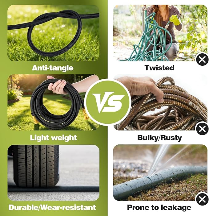 Garden Hose 25 FT, Lightweight Non-Expanding Water Hose with 10 Function Nozzle, Manguera Para Jardin with 3/4" Brass Connectors Leak-Proof, Burst-Resistant, Anti-Kink
