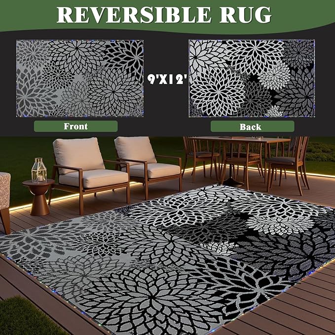 Outdoor Rug 9x12 ft with LED Light, Waterproof Reversible Outdoor Plastic Straw Rug for Patios Clearance, Large Outdoor Area Rug Carpet RV Mat for Camping Backyard Deck Porch Beach