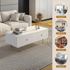 Modern Coffee Table with Storage with 2 Big Drawers, White Rectangle Coffee Table for Living Room, Wooden Fluted Table Accent Tea Table for Living Room Apartment Small Space