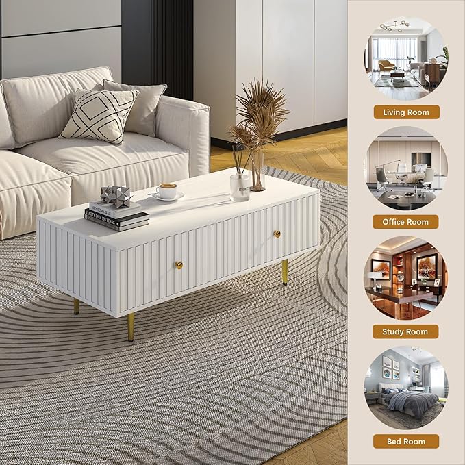 Modern Coffee Table with Storage with 2 Big Drawers, White Rectangle Coffee Table for Living Room, Wooden Fluted Table Accent Tea Table for Living Room Apartment Small Space