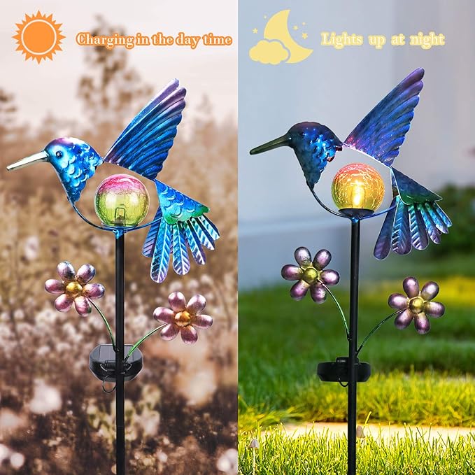 Afirst Solar Garden Stake Lights - Outdoor Waterproof Decorative Solar Hummingbird LED Warm Crackled Glass Globe Lights for Walkway, Pathway, Yard, Lawn