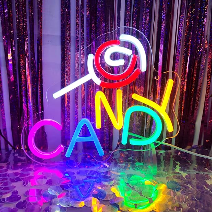 Candy Neon Sign Candy Bar Signs Candy Shop Neon Candy Sign Cherry Neon Sign Candy Display Snack Sign for Snack Sweet Shop Bedroom Birthday Party Decoration, 9.8"" x 8.1""