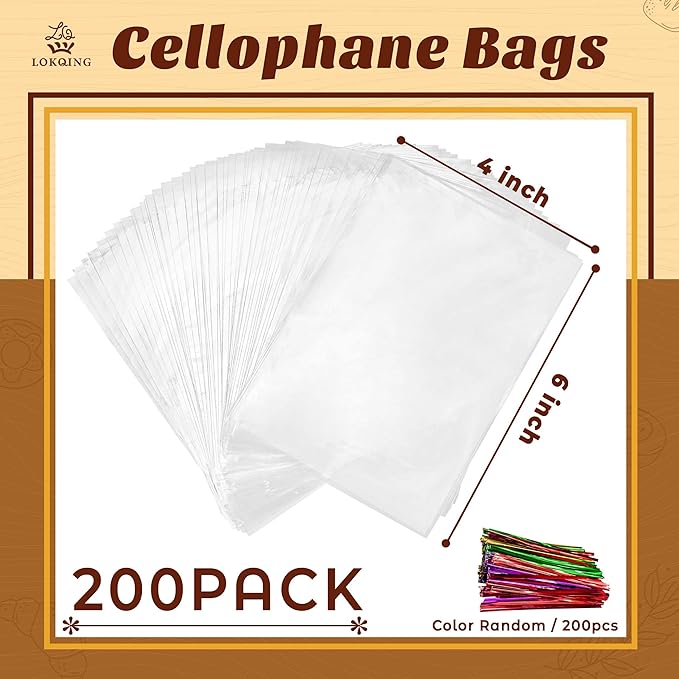 LOKIQNG Cellophane Bags Plastic Treat Bag Clear Cookie Candy Bags with Twist Ties for Party Favor Bag(200PACK, 4x6inch)