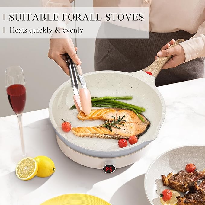 Vinchef Nonstick Deep Frying Pan, Saute Pan with Lid, 11"/5Qt, German 3C+ Ceramic Coating, Induction Compatible, White Color, Cookware for Kitchen