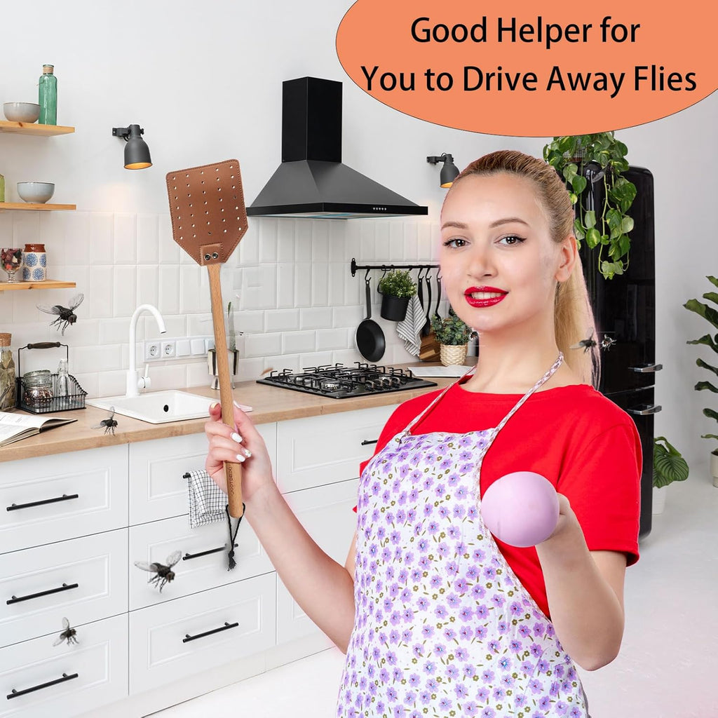 Fly Swatter Set - 2 Pack Wooden Leather Fly Swatter with Hanging Rope, Heavy Duty Fly Swatter for Indoors and Outdoors (2 Brown)