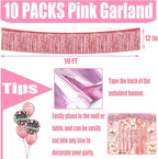 10 Pack 10 Feet Pink Foil Fringe Garland Metallic Tinsel Streamers Banner Wall Hanging Curtain Backdrop for Parade Floats, Bachelorette, Wedding, Birthday, Halloween, Christmas Party Decorations