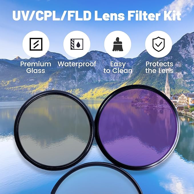 3 Piece UV-CPL-FLD Camera Filters Set, 72mm Multi-Coated Universal Lens Filter Kit UV Blocking + Circular Polarizing + FLD Fluorescent Filter with Protective Storage Case