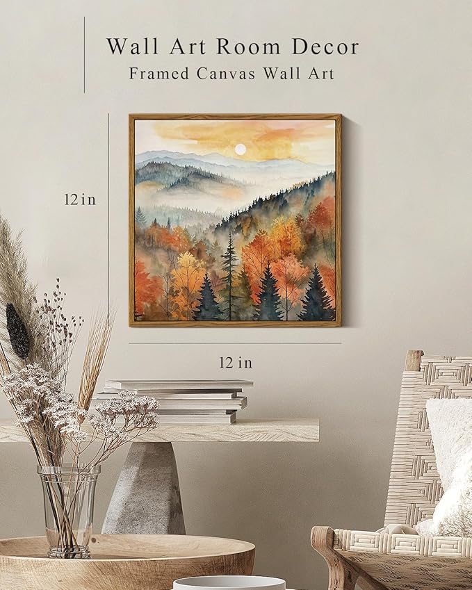 InSimSea Square Framed Canvas Wall Art, Nature Scenery Decor Farmhouse Quiet Forest Awakening Wall Art Prints, Autumn Fall Classical Retro Living Room Bedroom Office Home Decor 12"x12"
