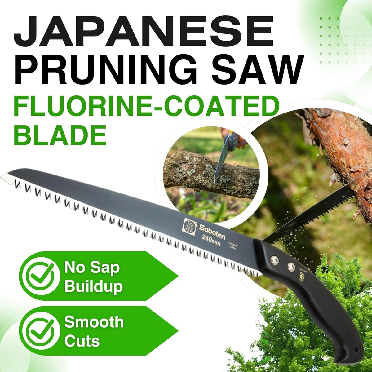 Saboten Japan 9.4" Japanese Pruning Saw – Fluorine-Coated High-Carbon Steel Blade, Traditional Wooden Handle, Precision Pull Cut Tool for Branches – forest Originals, Made in Japan