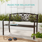 Best Choice Products Outdoor Bench Steel Garden Patio Porch Furniture for Lawn, Park, Deck w/Floral Design Backrest, Slatted Seat - Black
