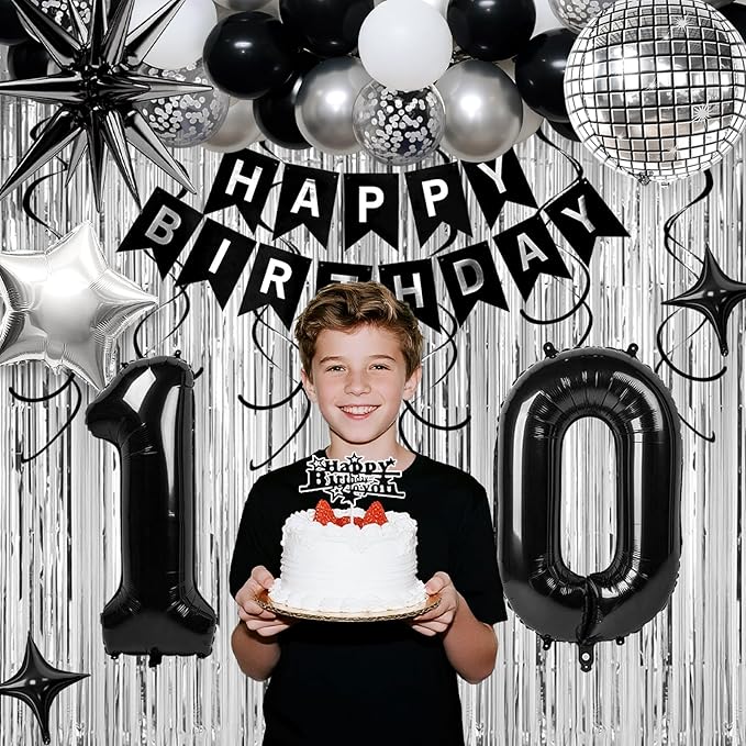 10th Birthday Decorations for Boys Girls, Black Silver Happy Birthday Party Decorations， 10 Year Old Party Supplies with Number 10 Balloons, Banner, Fringe Curtains Kit