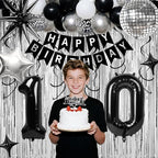 10th Birthday Decorations for Boys Girls, Black Silver Happy Birthday Party Decorations， 10 Year Old Party Supplies with Number 10 Balloons, Banner, Fringe Curtains Kit