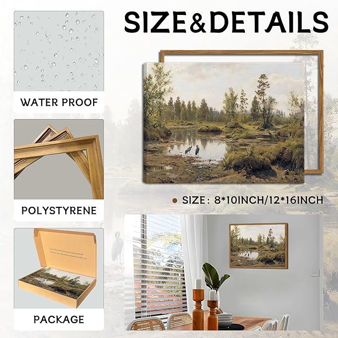 Floating Framed Canvas Wall Art Vintage Decor - Tranquil Marsh Landscape Wall Decor, Countryside Farmhouse Scenery Paintings Prints for Living Room Bedroom Office Decoration 8x10 inch