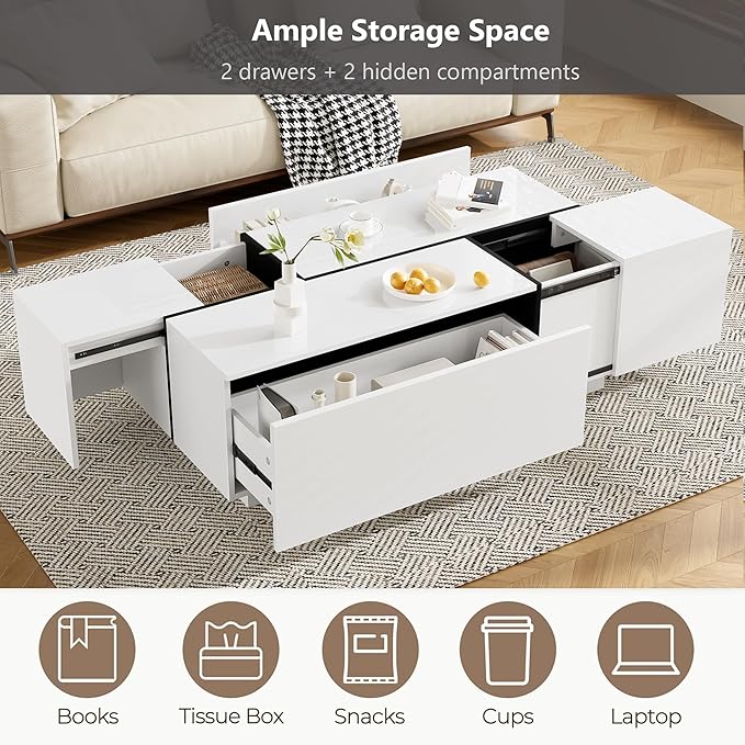 Modern High Gloss Coffee Table with Hidden Storage Space, 47.2-Inch Wooden Extending Top Center Table with Drawers for Living Room, White