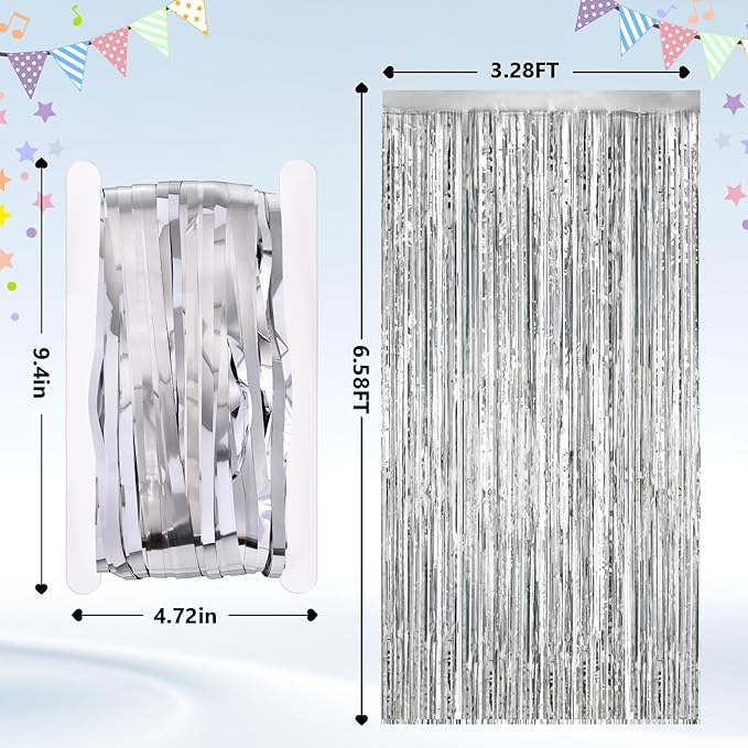 2Pack Silver Metallic Tinsel Foil Fringe Curtains, Door Streamer Photo Booth Backdrop for Birthday Wedding, Graduation Engagement Bridal Baby Shower Bachelorette Party Decorations Dancing Ball Party