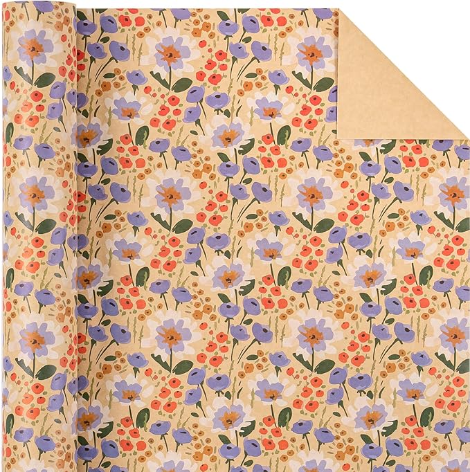 WRAPAHOLIC Kraft Floral Wrapping Paper Roll - Mini Roll - 17 Inch x 9.8 Feet - Watercolor Flower Wrapping Paper, Perfect for Wedding, Birthday, Bridal Shower, Tea Party