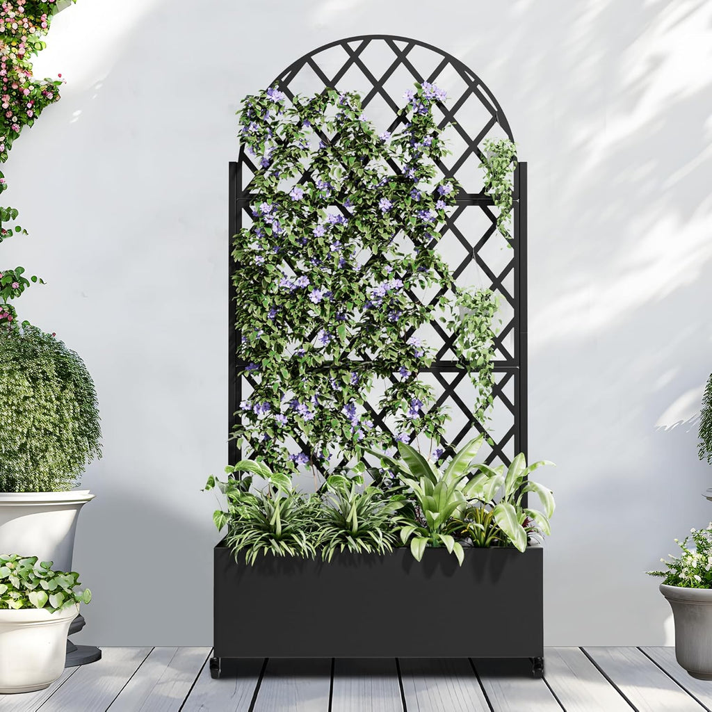 Casaphoria Metal Raised Garden Bed with Trellis and Wheels, 72"x35"x16" Planter Box for Climbing Plants, Vegetables & Vines, Features Drainage Holes and Privacy Screen (Black-Laurence)