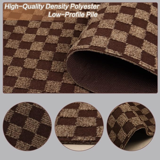 4' x 17' Runner Rugs with Rubber Backing, Indoor Outdoor Utility Carpet Runner Rugs, Checkered Brown, Can Be Used as Aisle for The RV and Boat, Laundry Room and Balcony