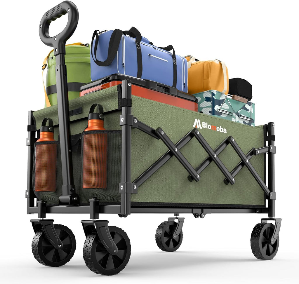 Collapsible Wagon with Wheels, 220 lbs Wagons Carts Foldable Wagon Cart with Flexible Handle, Lightweight Portable Folding Utility Grocery Shopping Cart for Grocery Sports Garden Camping, Green