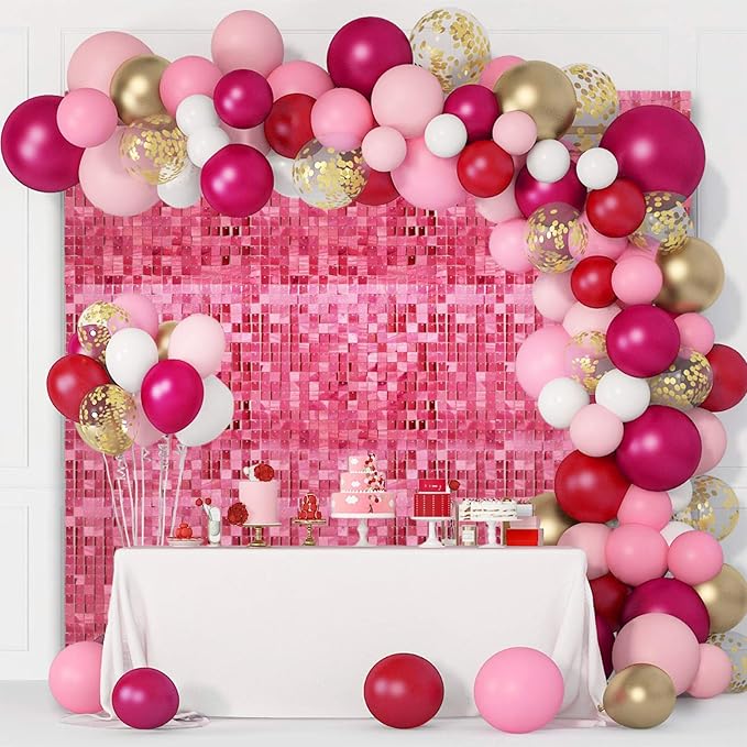 12PCS Deep Pink Shimmer Wall Backdrop, Laser Square Sequin Photo Backdrops Panel, Glitter Wall Background for Birthdays, Weddings, Christmas, Engagements, Disco Bachelorette Party Decor (3FTx4FT)