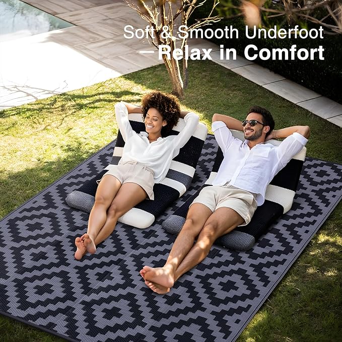 OLANLY Waterproof Outdoor Rug 10x14 ft, Outdoor Plastic Straw Rug for Camping, RV Mat Outside, Indoor Outdoor Carpet for Porch, Deck, Backyard, Balcony, Picnic, Black & Grey