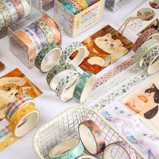 YUBBAEX 60 Rolls Value Washi Tape Pack Retro Arts Masking Tape Basic Patterns Decorative for DIY Crafts, Bullet Journal Supplies, Planners, Scrapbook, Card/Gift Wrapping (Cotton Candy)