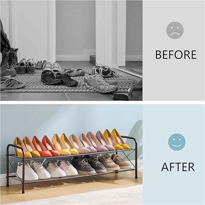 Hoctieon 2 Tier Shoe Rack for Closet, Durable Mesh Style Shoe Rack, Entryway Shoe Shelf, Shoe Storage Organizer for Hallway, Bedroom, Living Room, Wardrobe, Brown