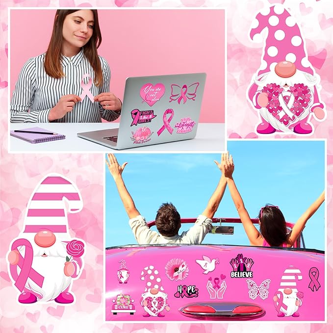 Xuhal 25 Pcs Breast Cancer Awareness Magnets Decoration Pink Gnome Ribbon Butterfly Flower Love Decorative Fridge Magnetic Stickers for Mailbox Car Metal Garage Door Decoration