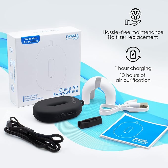 Wearable Air Purifier Necklace - Portable Personal Ionizer - Rechargeable Travel-Size Air Cleaner - Removes Dust Allergen Odor Viruses Bacteria - Use in Office Airplane Train Bus - For Kids and Family