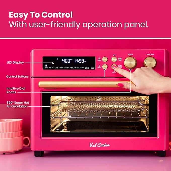 Limited Edition Happy Pink Infrared Heating Air Fryer Toaster Oven, Extra Large Countertop Convection Oven 10-in-1 Combo, 6-Slice Toast, Enamel Baking Pan Easy Clean with Recipe Book