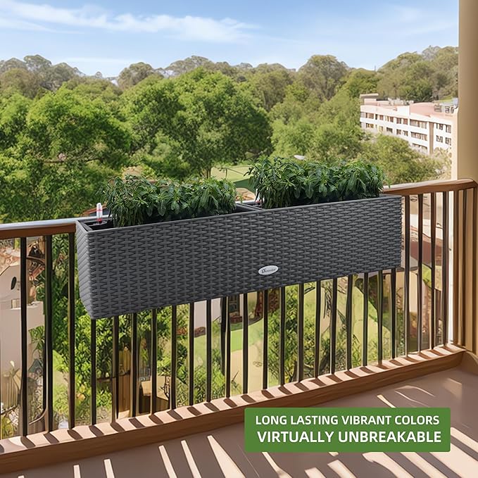 Dexceder 31.5 Inch Rattan Self Watering Planter Indoor Outdoor, Thickened Large Rail Flower Plant Pot Window Box with Water Level Indicators (Deep Gray)