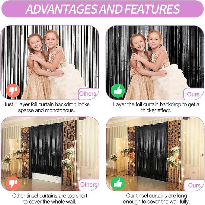 Crosize 2 Pack 3.3 x 9.9 ft Black Foil Fringe Backdrop Curtain, Streamer Backdrop Curtains, Streamers Birthday Party Decorations, Tinsel Curtain for Parties, Photo Booth Backdrops, Party Décor