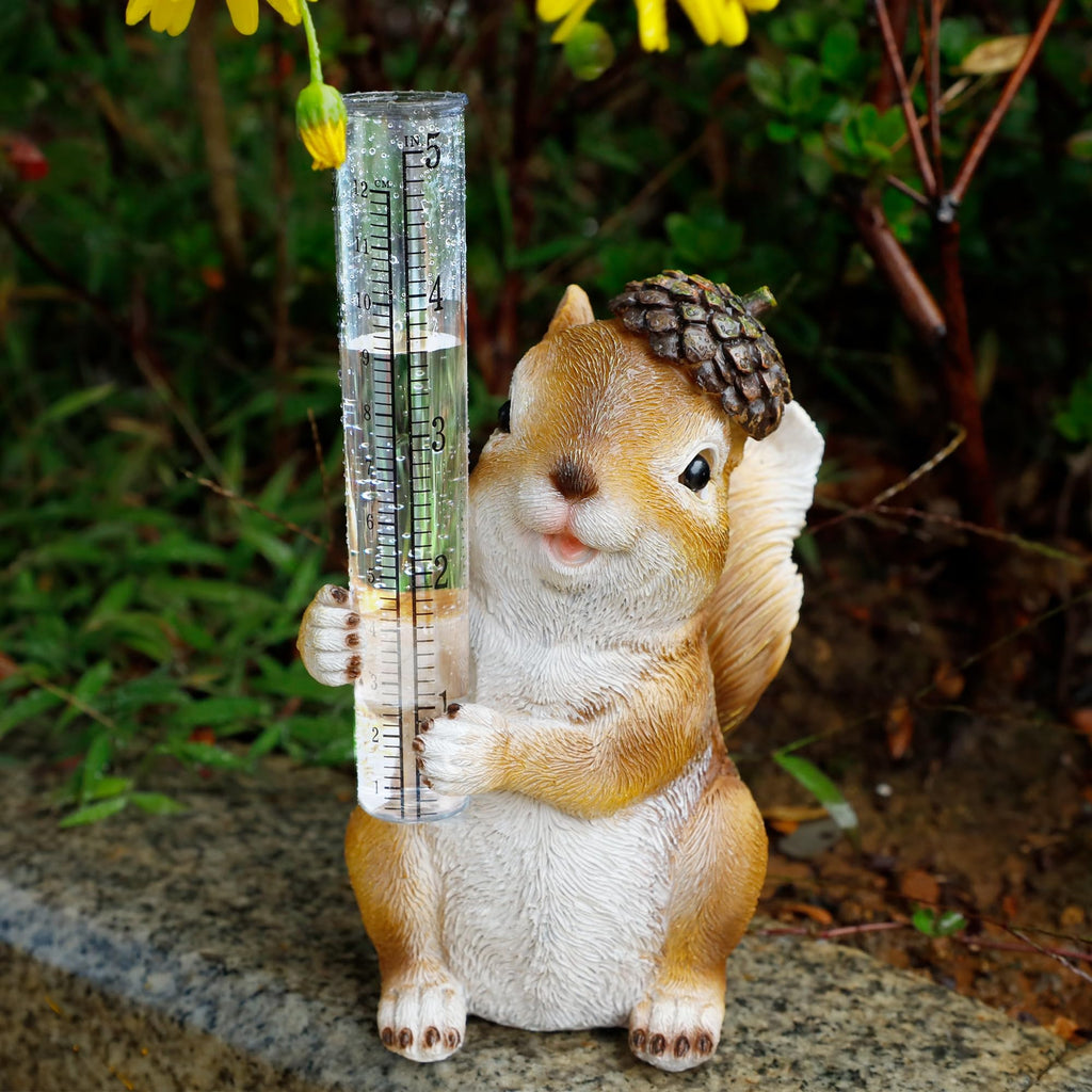 FORUP Resin Squirrel Rain Gauge, Hand Painted Squirrel Sculpture Water Gauge