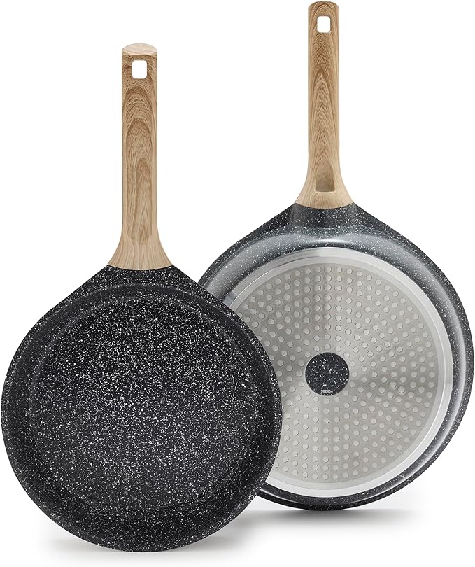 GreenLife Nonstick 2 Piece Frying Pan Set, 9.5" & 11" Skillets Ceramic PFAS-Free Nontoxic, Induction Suitable, Wood Print Handles, Stay-Cool Handles, Deep Cooking Skillets, Egg Pan, Granite Black