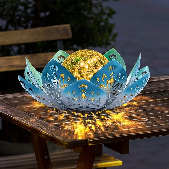 Huaxu Solar Lights Outdoor Decorative - Bright Blue Lotus Flower Table Lamp, Glass Globe 30 LED Waterproof Metal Decorations Gifts for Mom Women Garden Patio Pathway Yard Balcony Outside Decor