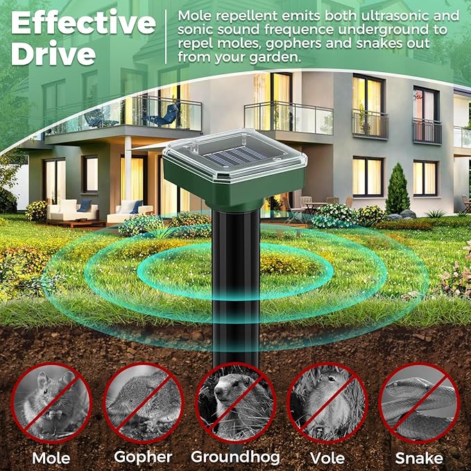 Mole Repellent Solar Powered 10 Pack, Ultrasonic Gopher Vole Deterrent Stakes for Yard & Garden, IP44 Waterproof Snake Repellent Outdoor, Effective Sonic Spikes for Groundhog, Skunk & Rodent Control
