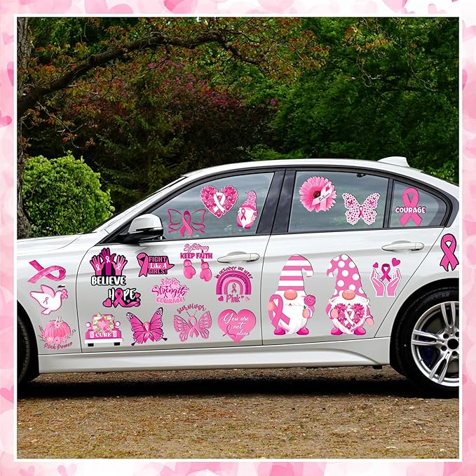 Xuhal 25 Pcs Breast Cancer Awareness Magnets Decoration Pink Gnome Ribbon Butterfly Flower Love Decorative Fridge Magnetic Stickers for Mailbox Car Metal Garage Door Decoration