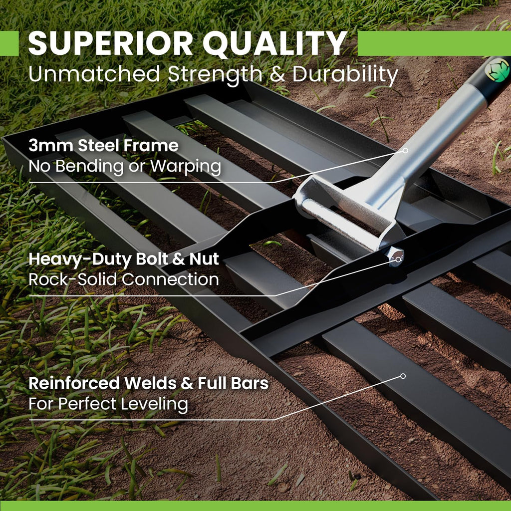 Gardease Lawn Leveling Rake 30" x 10" - Heavy Duty Professional Grade Reinforced Steel Landscape Tool for Soil, Sand & Garden - Superior Strength and Durability