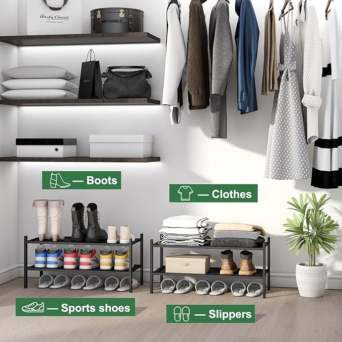 2-Tier Black Bamboo Shoe Rack, Stackable Bamboo Wood Shoe Rack for Closet, Entryway & Hallway