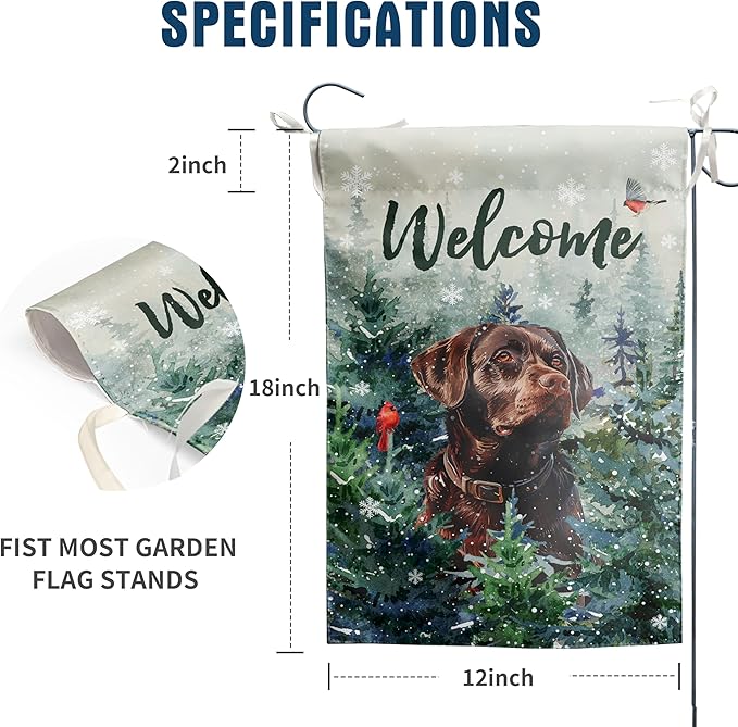 Welcome Winter Garden Flags Chocolate Lab Garden Flag Cardinal Birds on Snowy Pine Tree Flag Labrador Dog Yard Flags for Outside 12x18 Double Sided Christmas Decorative Lawn Flags