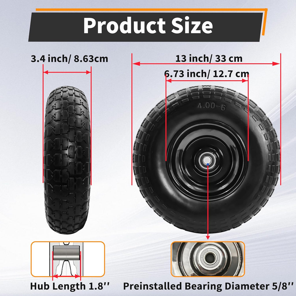 4PC 4.00-6 Flat-Free Tires and Wheels,13" Rubber Solid Tire, with 5/8" & 3/4" Bearing, 1.8"-5.8" Centered Hub Length, 4.00-6 tire and wheel Fit for Gorilla Cart, Garden Cart/Hand Truck/Wheelbarrow etc