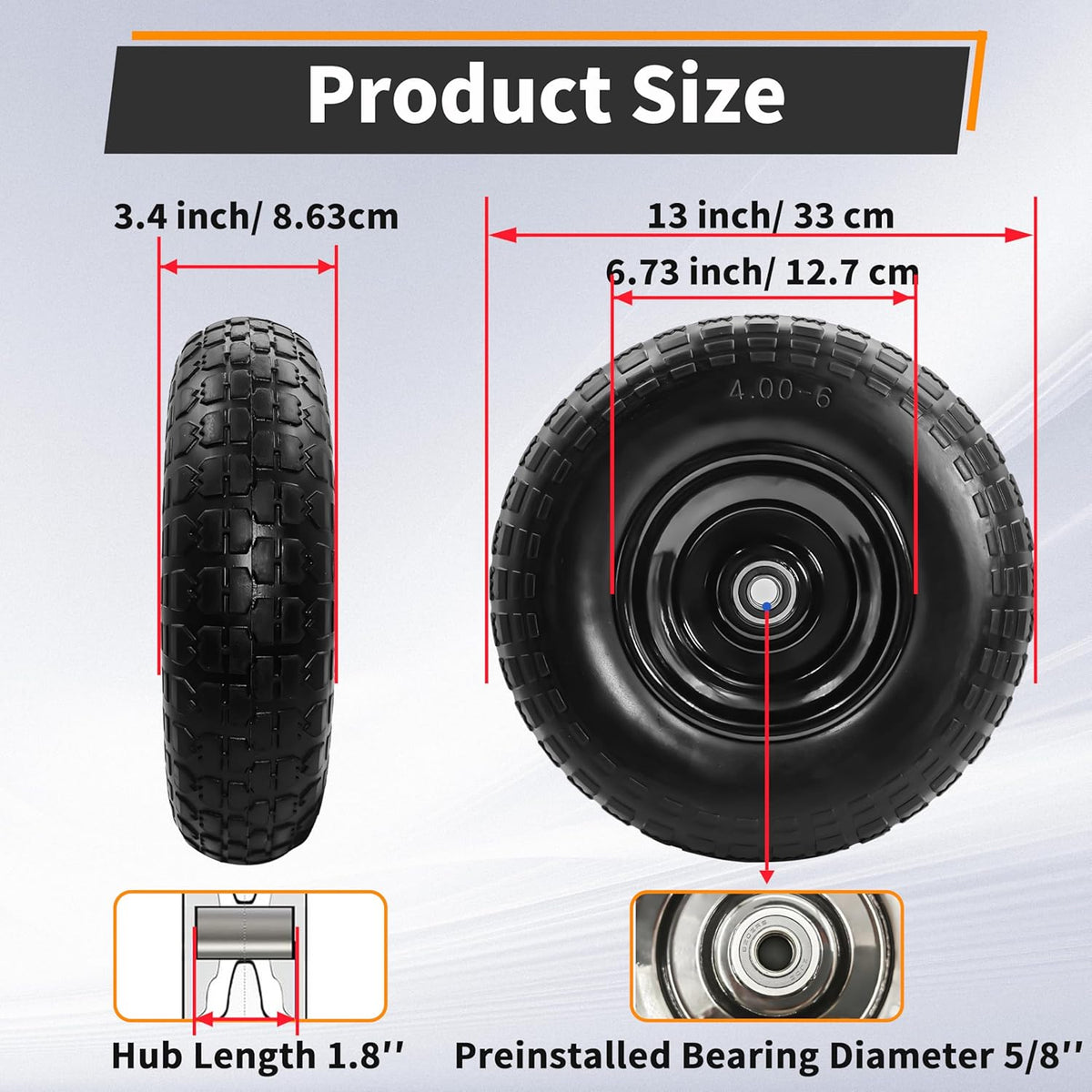 4PC 4.00-6 Flat-Free Tires and Wheels,13" Rubber Solid Tire, with 5/8" & 3/4" Bearing, 1.8"-5.8" Centered Hub Length, 4.00-6 tire and wheel Fit for Gorilla Cart, Garden Cart/Hand Truck/Wheelbarrow etc