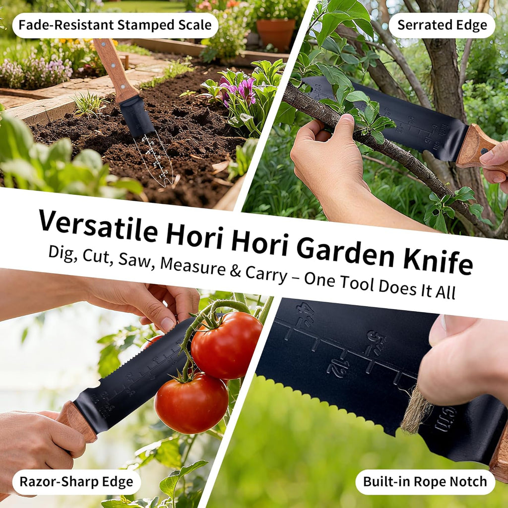 YANG Hori Hori Garden Knife, 7" Stainless Steel Gardening Knife with Oxford Cloth Sheath, Full Tang Beechwood Handle EDC Garden Tool for Dividing Plants & Weeding, Forked Tip for Transplanting