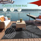 Outdoor Rug 9’x12’ Waterproof for Patio Clearance, Reversible Indoor Outdoor Plastic Straw Camping Rug Carpet, RV Mat, Large Area Rug for Deck, Backyard, Balcony, Porch, Beach, Black & Grey