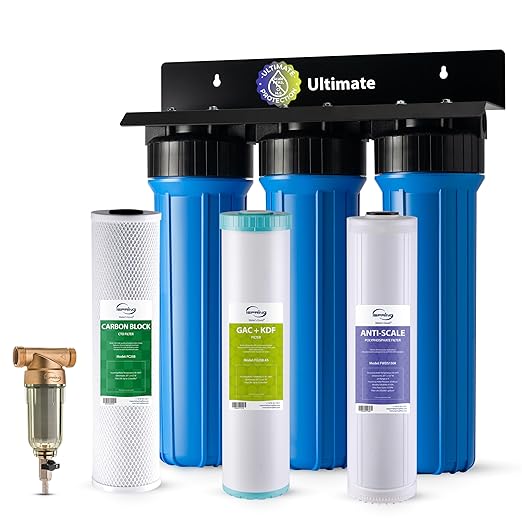 iSpring Whole House Water Filter System w/Spin Down Sediment Filter, Polyphosphate Anti-Scale, GAC+KDF, and Carbon Block Water Filters, Water Descaler and Water Filter, Model: WGB32B-KDS+WSP50