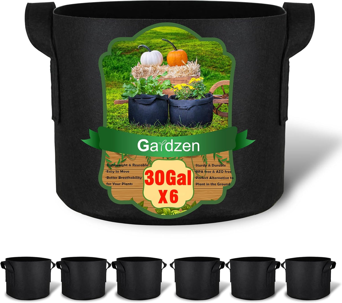 Gardzen 6-Pack 30 Gallon Grow Bags, Aeration Fabric Pots with Handles, Heavy Duty Cloth Pots for Plants