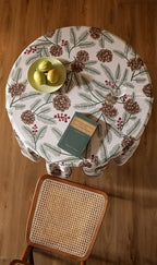 ISAENNE Designer Christmas Beige Linen Small Round Tablecloth,Pinecones Pattern Indoor Tablecloths,Washable Decor Table Cloth for Dining Thanksgiving Kitchen Christmas,Diameter 55"-Carol B