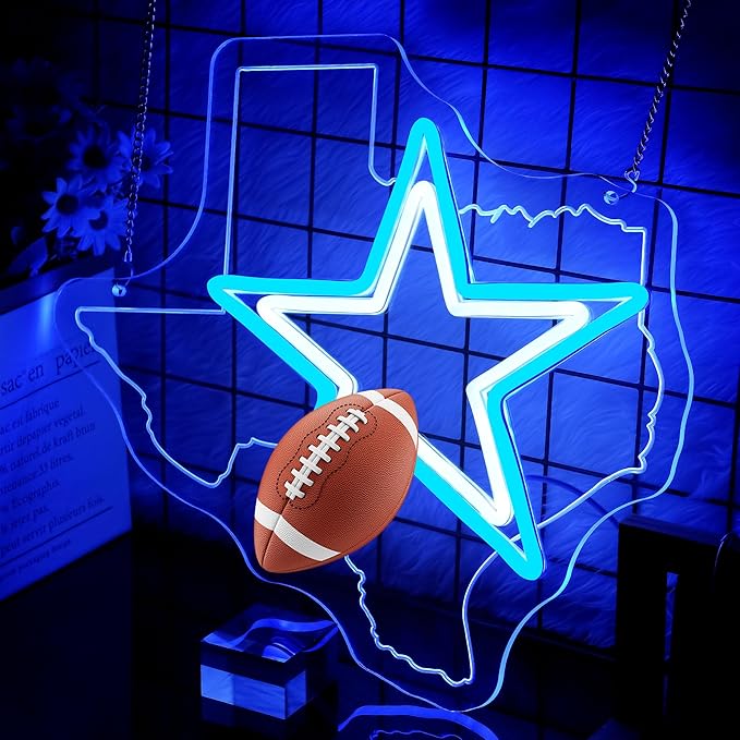 Cowboy Football Neon Sign Texas Neon Sign for Wall Decor - Neon Star Acrylic USB Powered LED Wall Art Decor, Light Up Sign Dimmable, for Man Cave Bedroom Bar Club Party Game Room 14.02 x 13.35 Inches