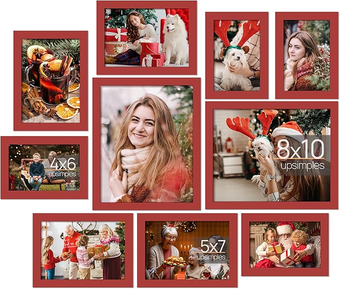 upsimples 10 Pack Picture Frames Collage Wall Decor for Mounting or Tabletop Display, Photo Gallery Frame Set for Family, Multi Sizes Including 8x10, 5x7, 4x6, Red
